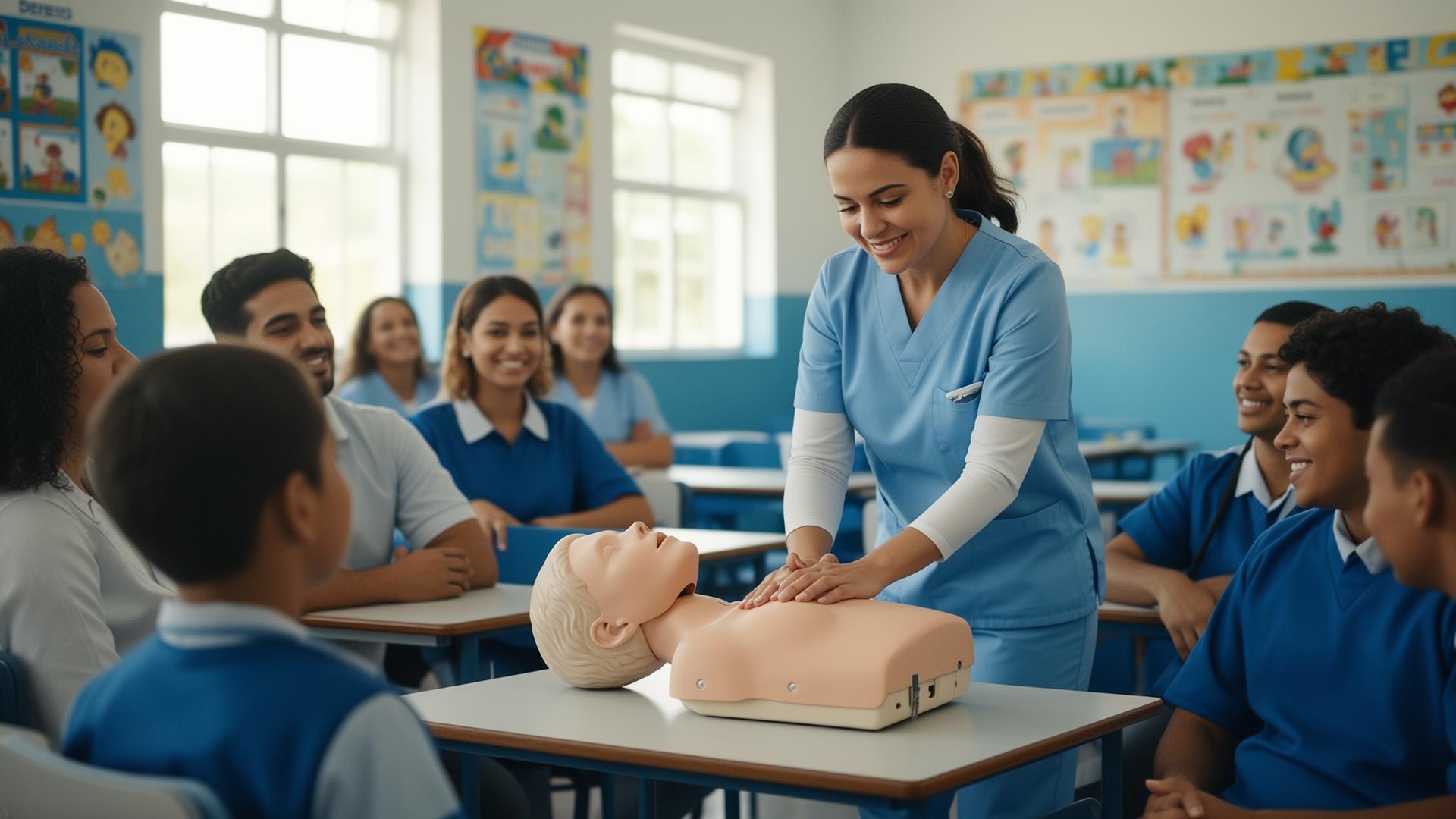 Profissional de saúde ensinando primeiros socorros para professores