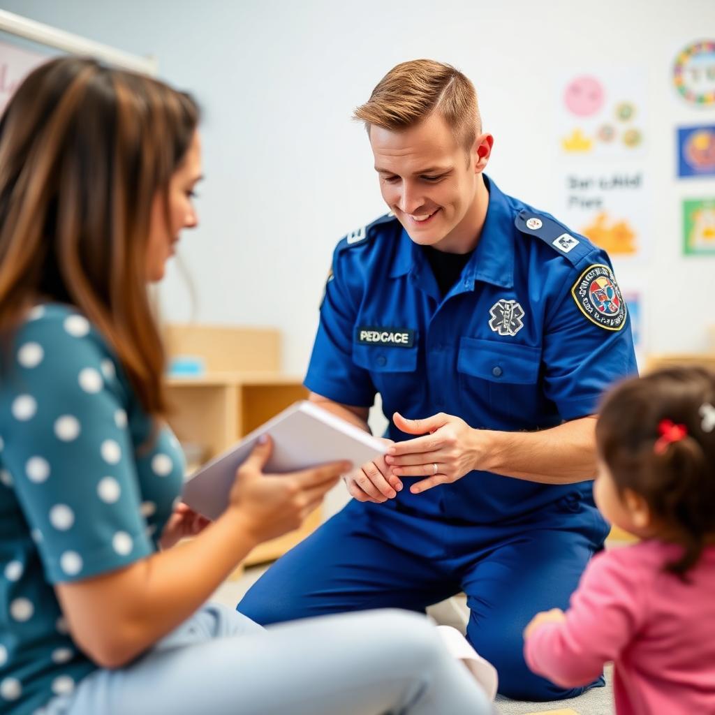 Paramédico ensinando primeiros socorros a professora de creche